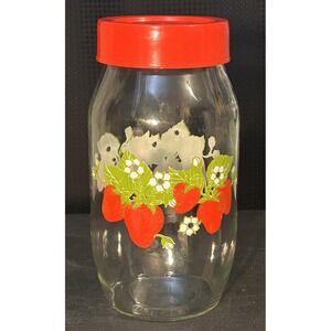 Vintage Carlton Clear Glass 2 L Strawberry Pattern Canister Jar Red Lid 1970's